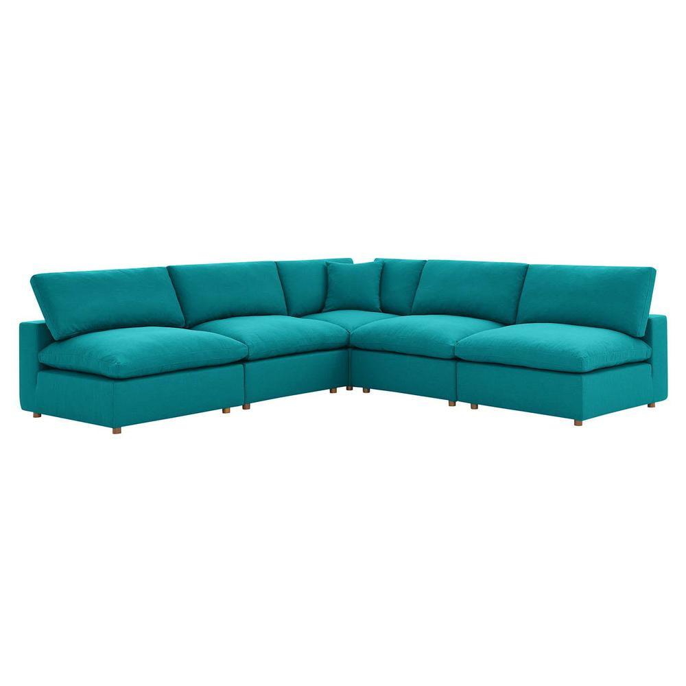 Teal Cotton Blend 5-Piece Armless Sectional Sofa with Down Fill