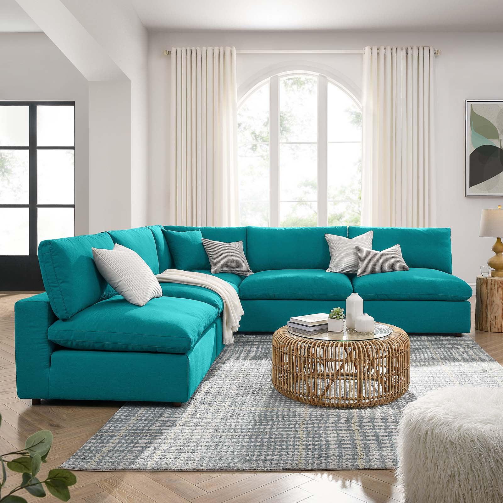 Teal Cotton Blend 5-Piece Armless Sectional Sofa with Down Fill