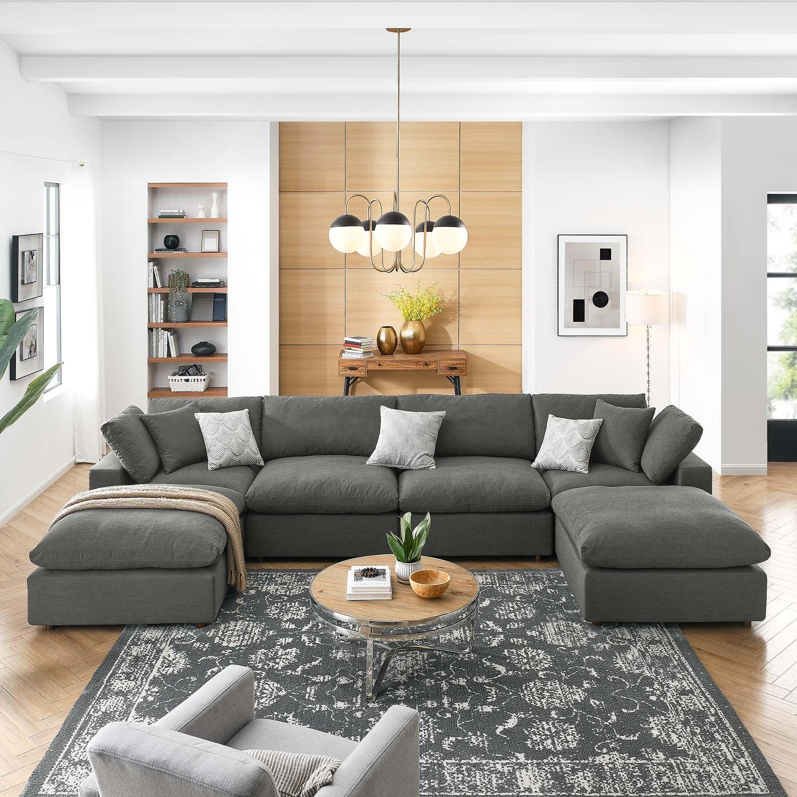 Gray Velvet Six-Piece Sectional Sofa with Ottoman