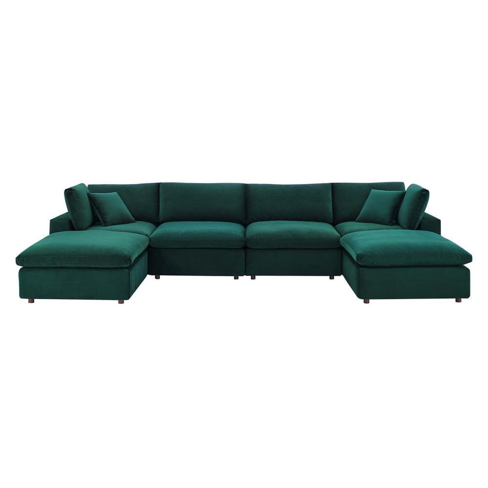 Green Velvet Six-Piece Sectional Sofa with Ottoman