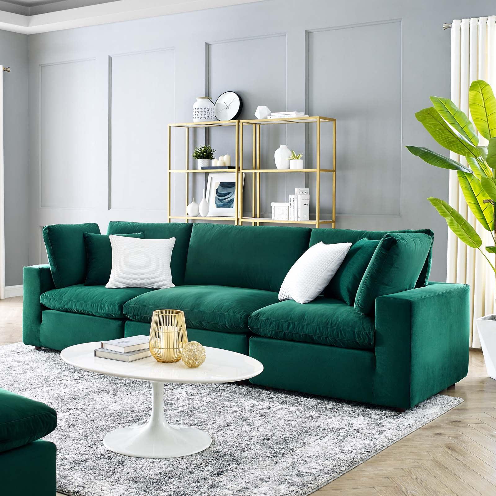 Luxurious Green Velvet 3-Seater Sofa with Down Fill Cushions