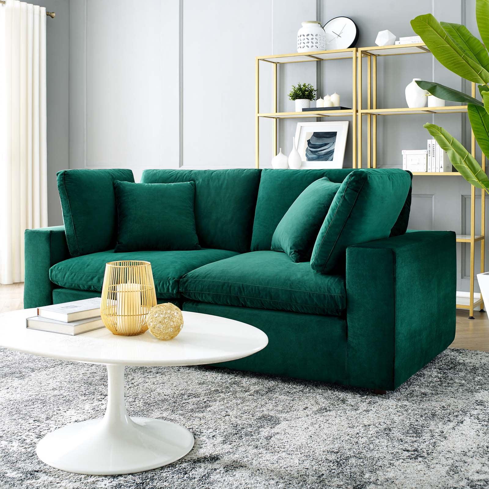 Green Velvet Track Arm Loveseat with Down Fill Cushions