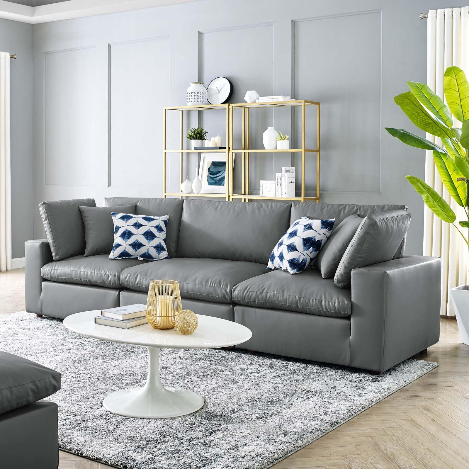 Luxurious Gray Vegan Leather 3-Piece Sofa with Down Fill Cushions