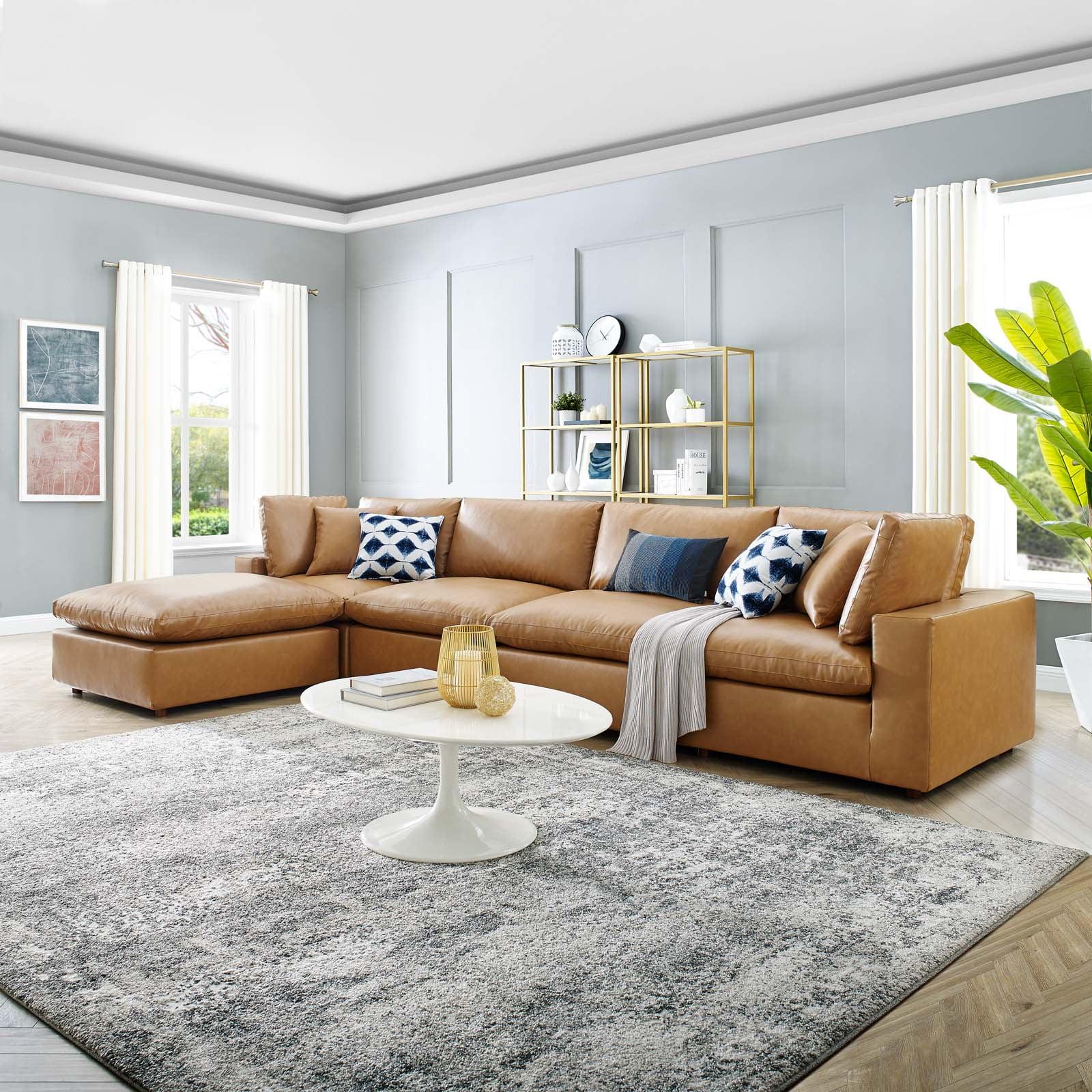 Tan Faux Leather Five-Piece Sectional with Ottoman and Wood Frame