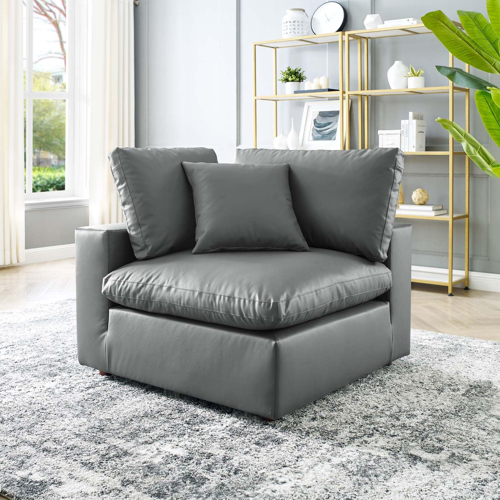 Gray Vegan Leather Overstuffed Corner Chair with Down Cushions