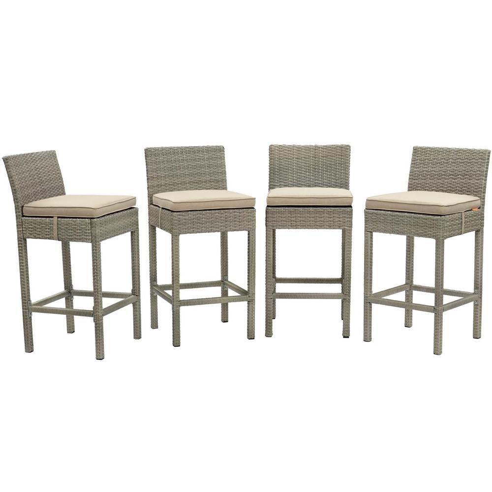 Modway Conduit Outdoor Wicker Rattan Bar Stool in Light Gray/Beige (Set of 4)