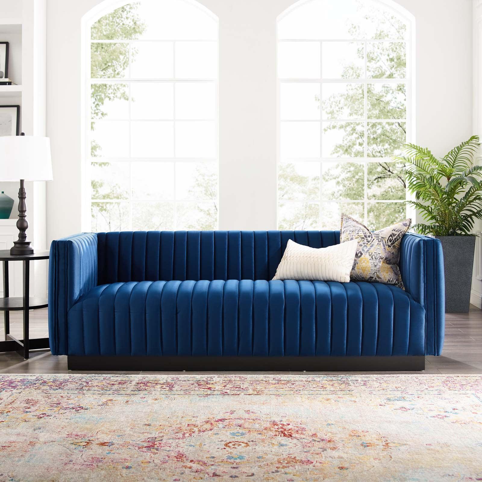 Elegant Navy Velvet Tufted Tuxedo Sofa with Solid Wood Base