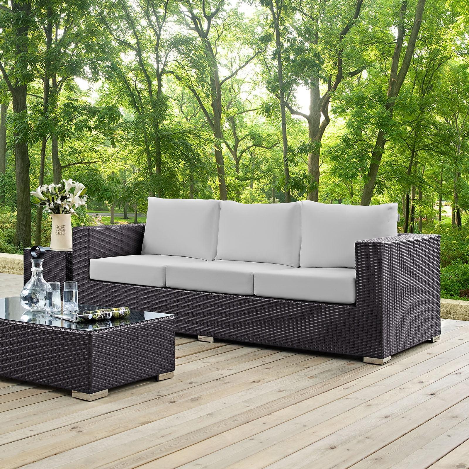 Espresso White Wicker Rattan Three-Seat Outdoor Sectional Sofa