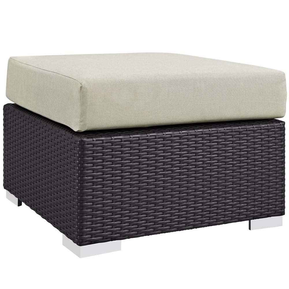 Beige Rattan Square Outdoor Ottoman with Powder-Coated Frame