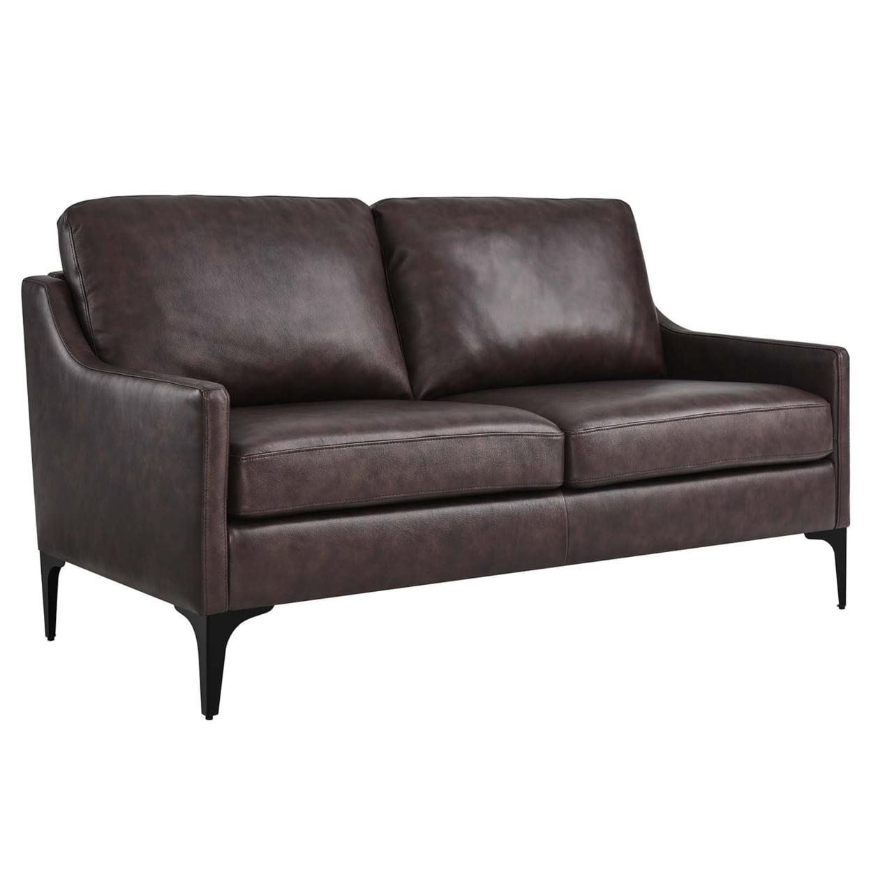 Mid-Century Modern Brown Faux Leather Loveseat with Removable Cushions