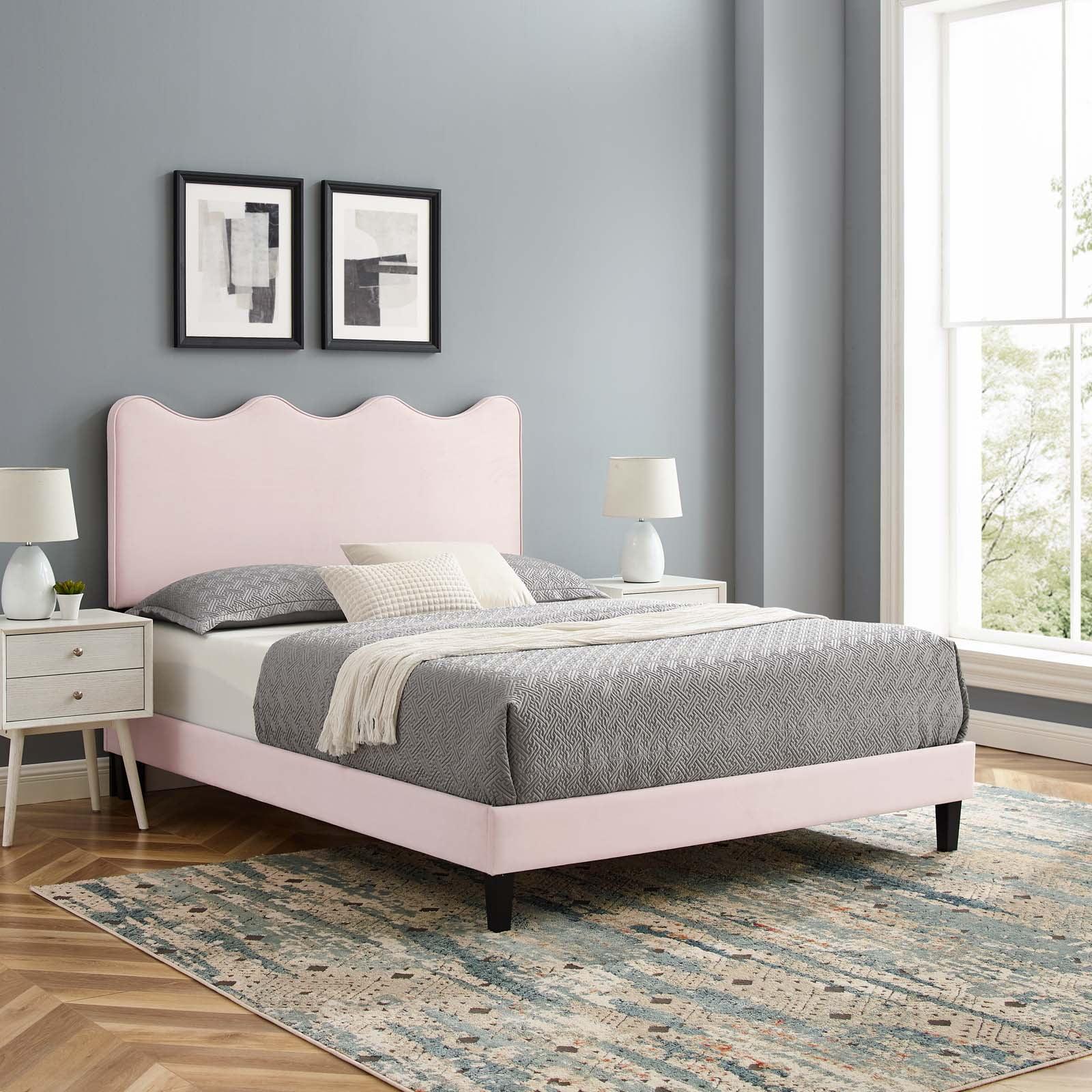 Ocean Wave Inspired Pink Velvet Full Platform Bed with Headboard