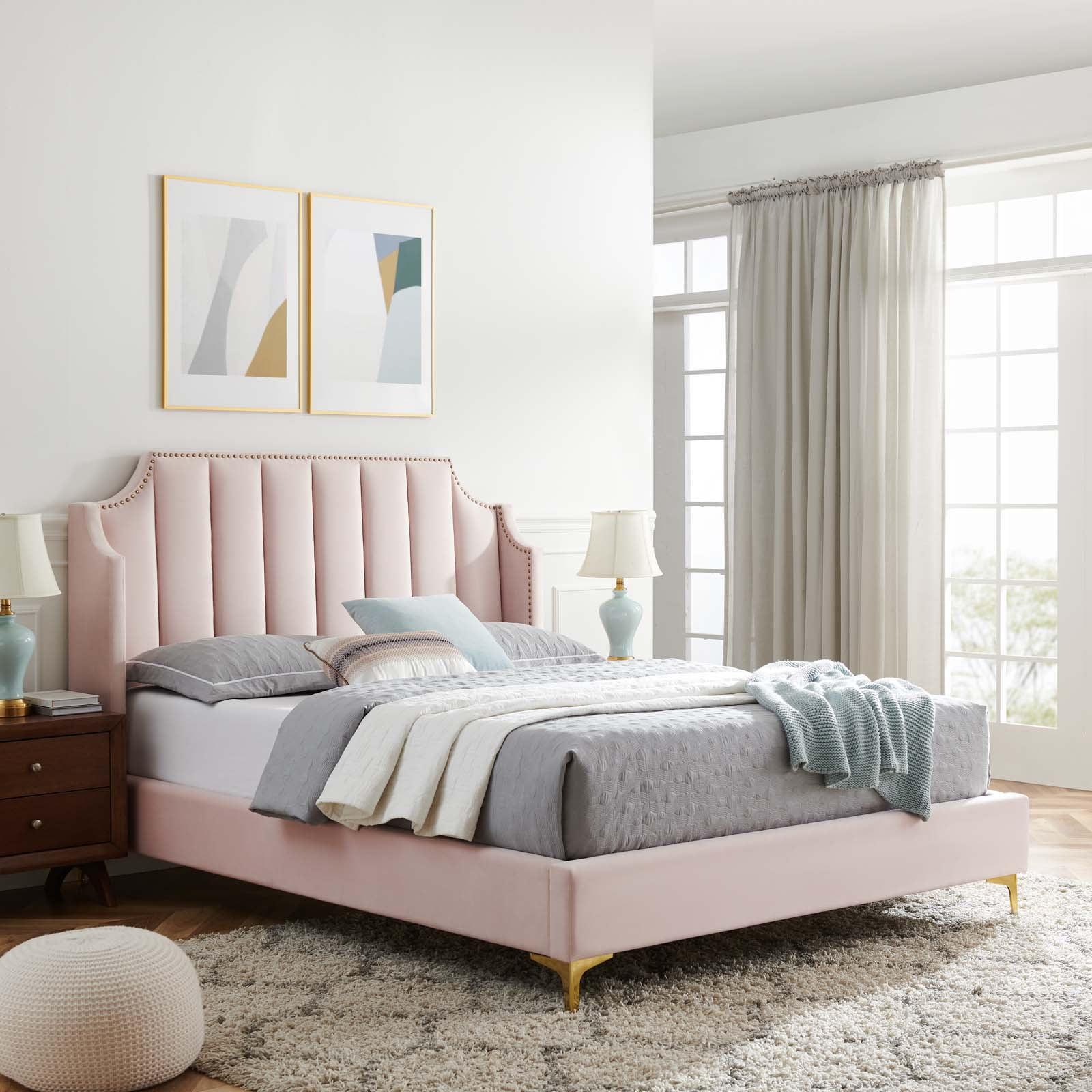 Modway Daniella Performance Velvet Queen Platform Bed in Pink