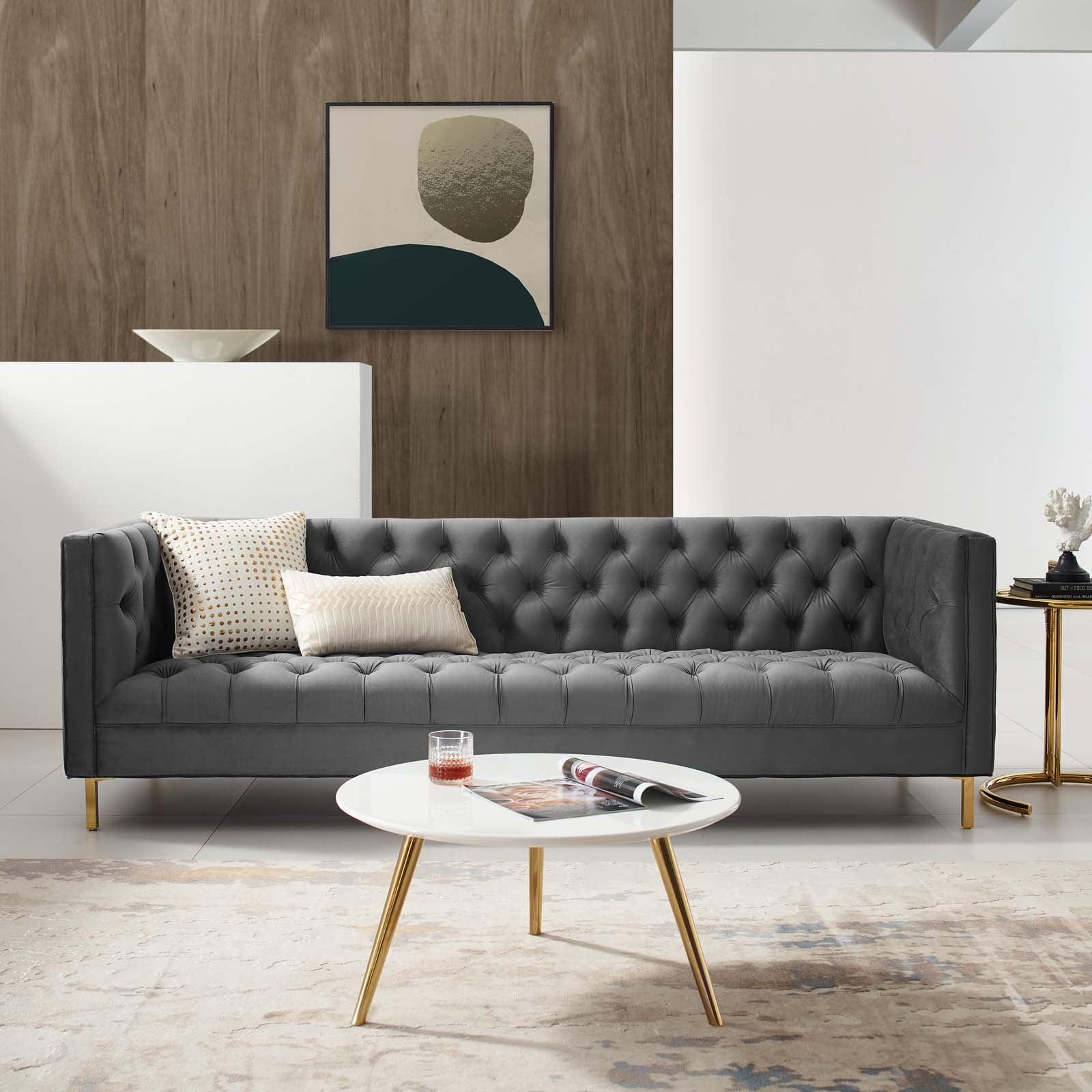 Gray Tufted Velvet Sofa with Gold Stainless Steel Legs
