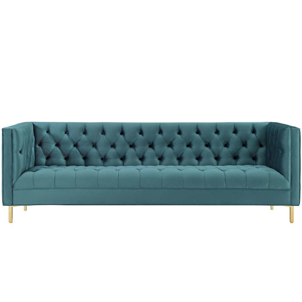 Modway Delight Tufted Button Performance Velvet Stainless Steel Sofa in Sea Blue