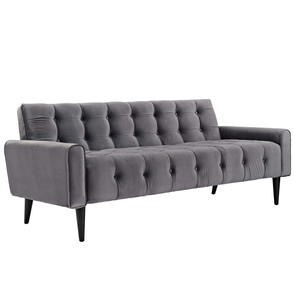 Elegant Gray Tufted Velvet Sofa with Solid Wood Legs