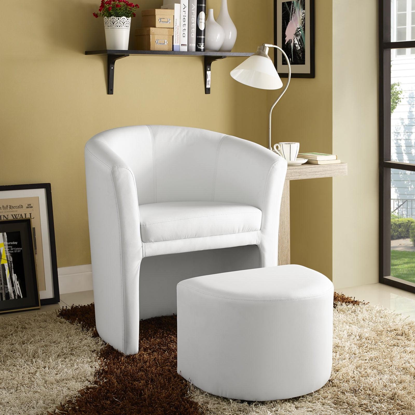 Elegance White Faux Leather Barrel Armchair with Ottoman