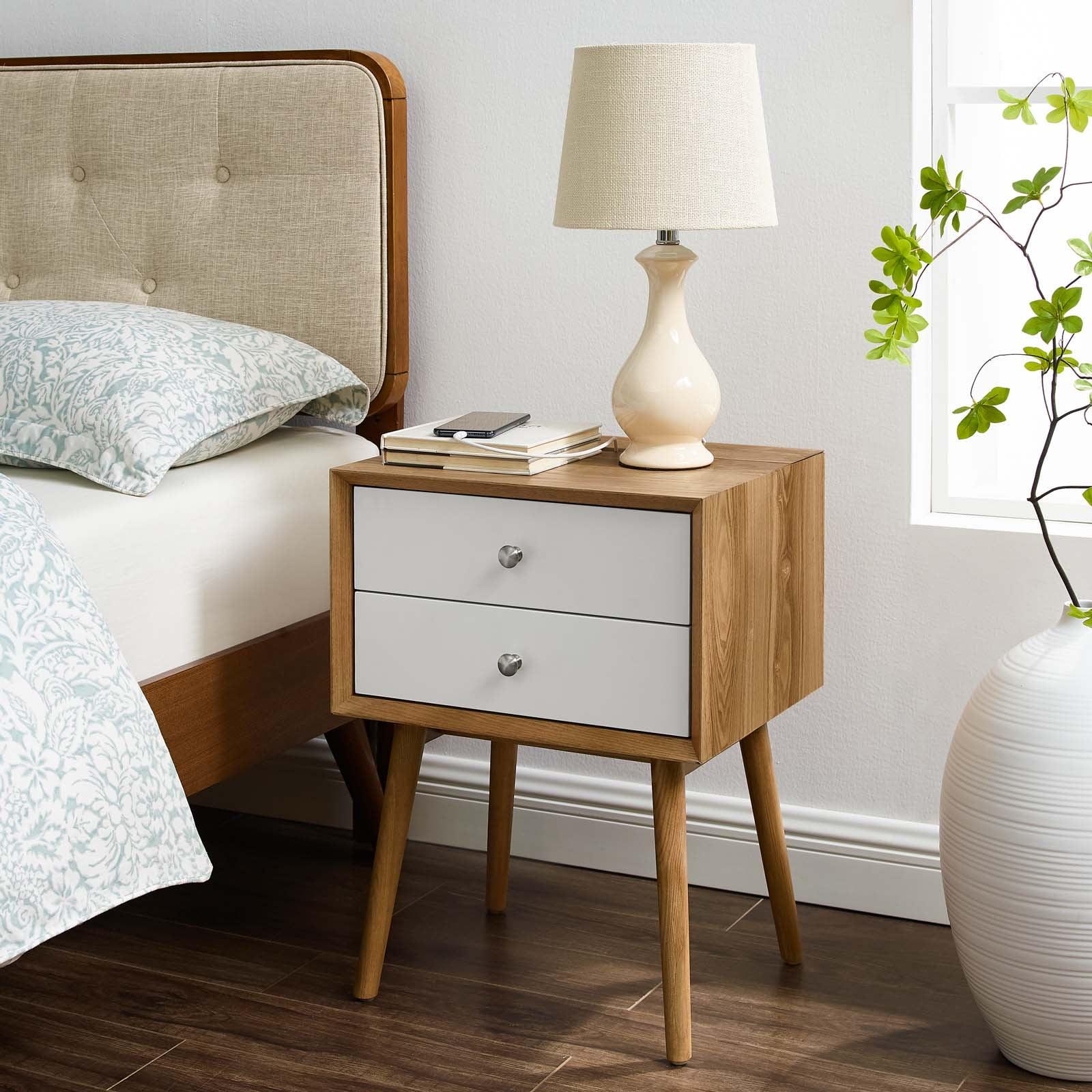 Mid-Century Modern 2-Drawer Nightstand with USB Ports in Natural White