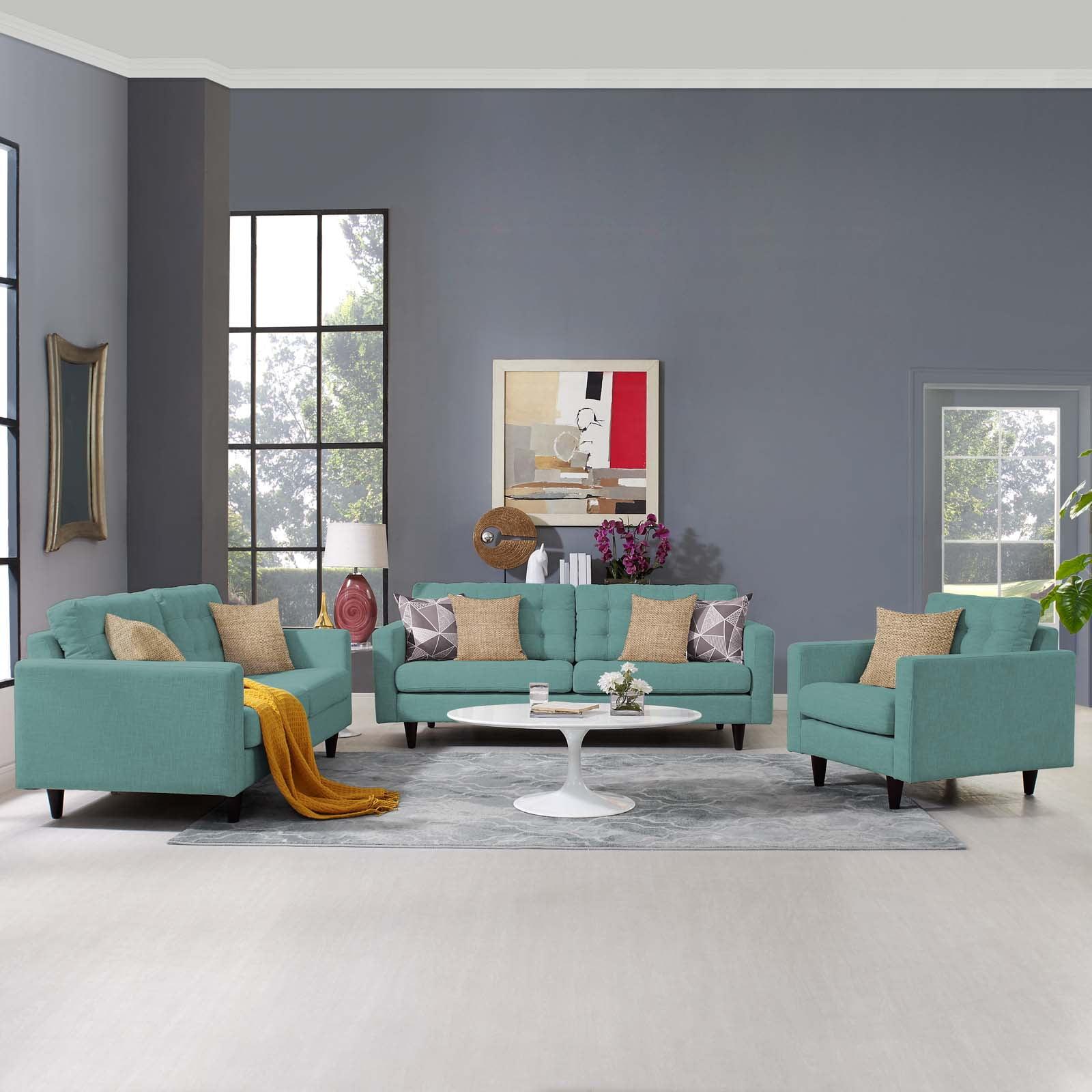 Laguna Green Tufted Fabric Sofa, Loveseat, and Armchair Set