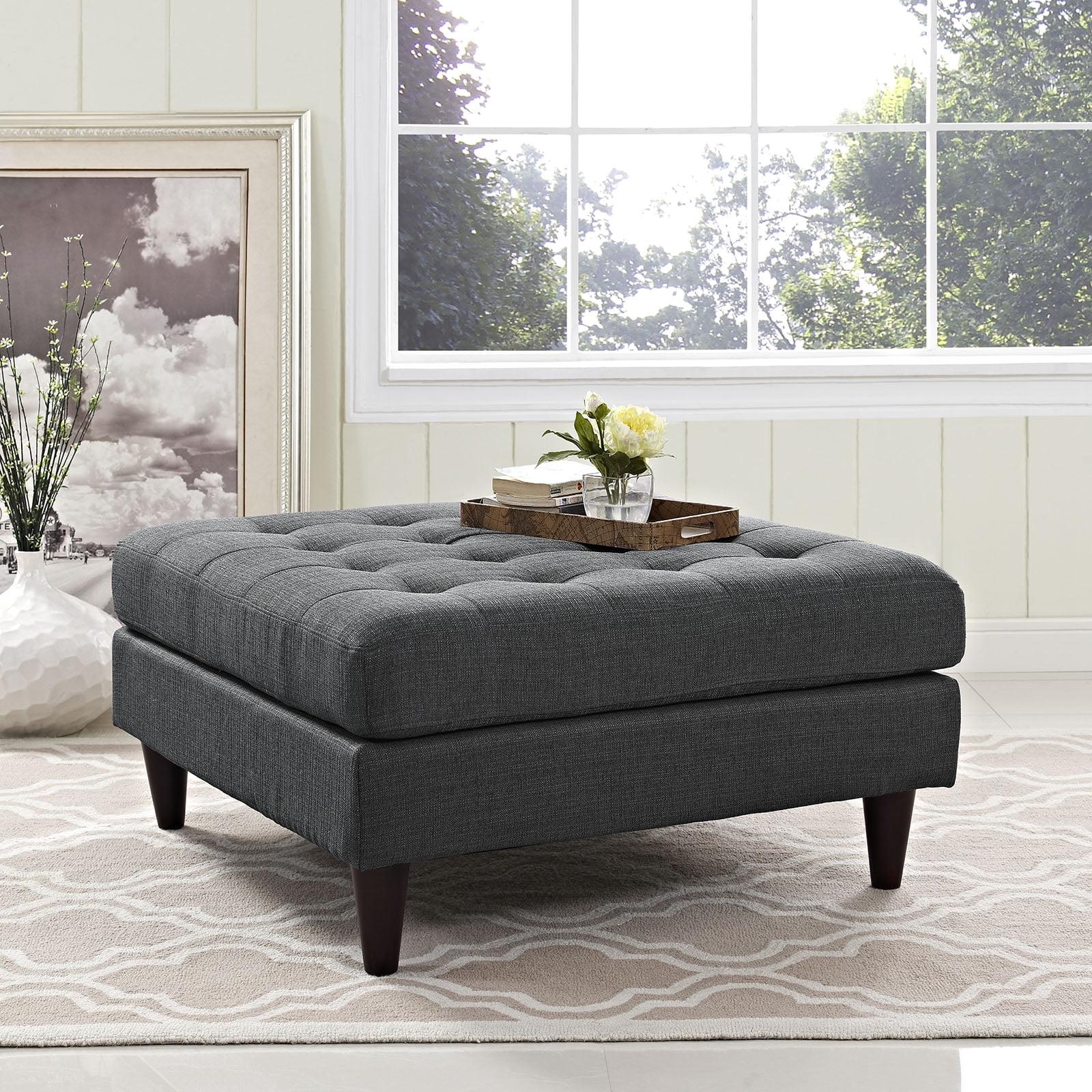 Gray Tufted Fabric Cocktail Ottoman with Wood Legs