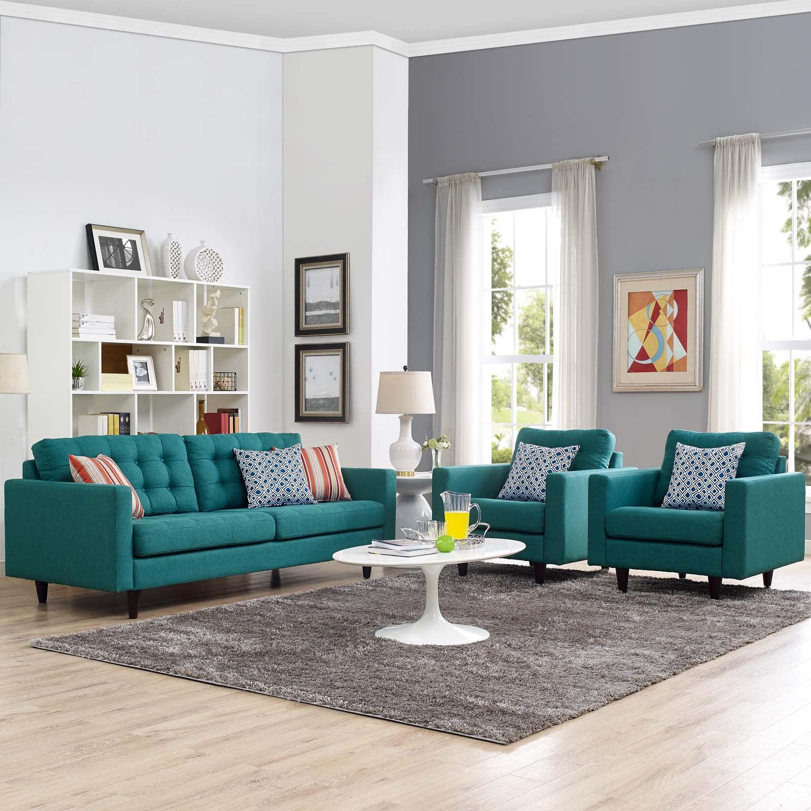 Teal Blue Modern Fabric Sofa and Armchair Set