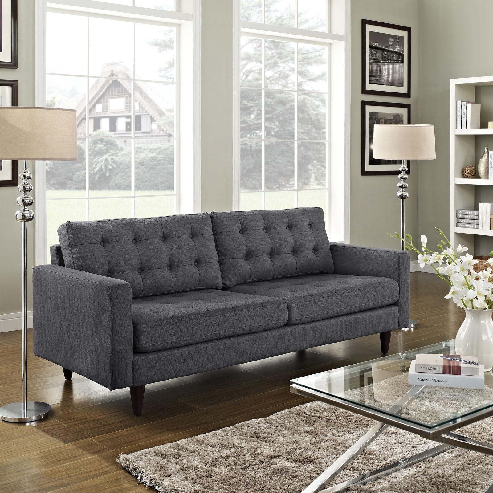 Empress Gray Tufted Fabric Sofa with Solid Wood Legs