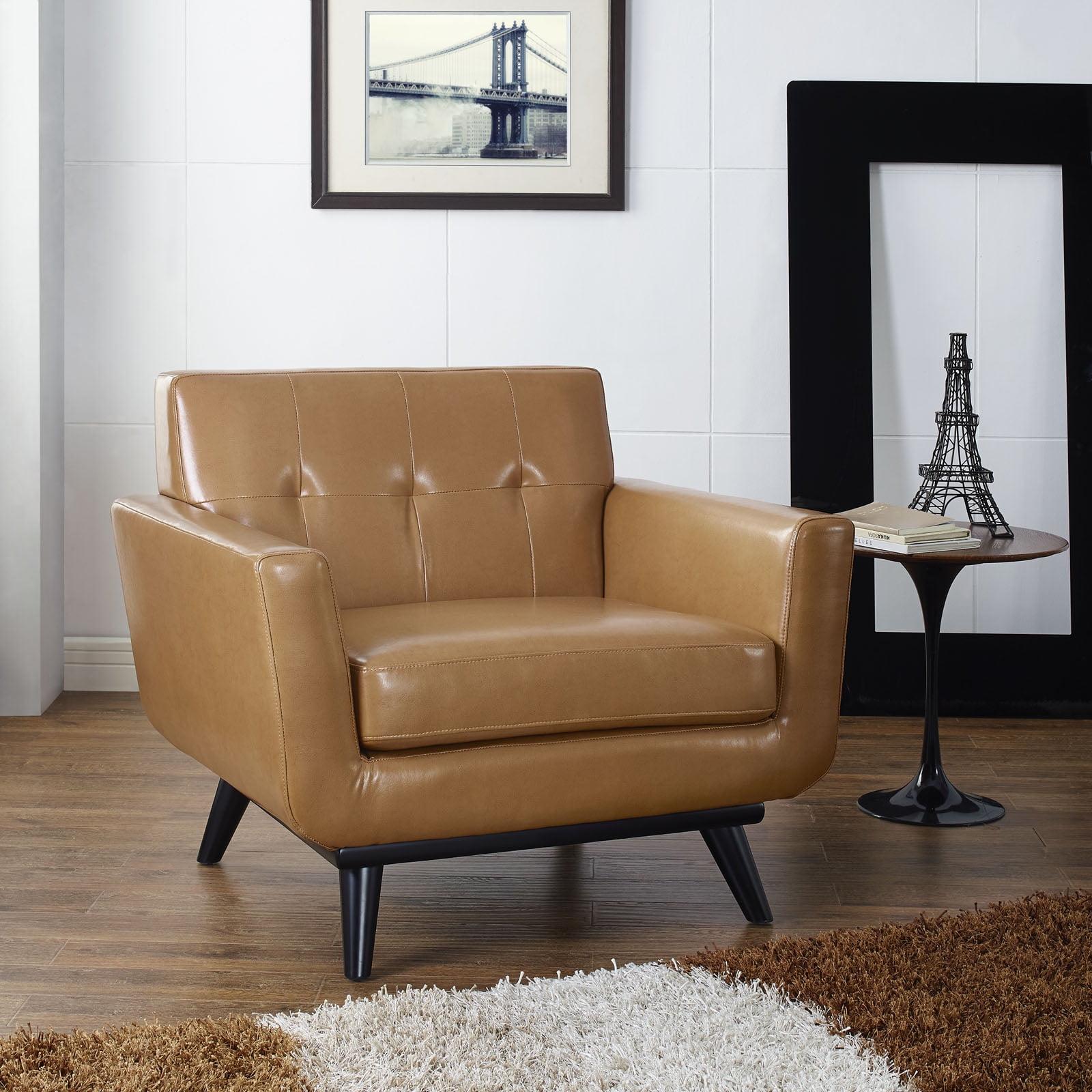 Mid-Century Tan Leather Accent Chair with Rubberwood Legs