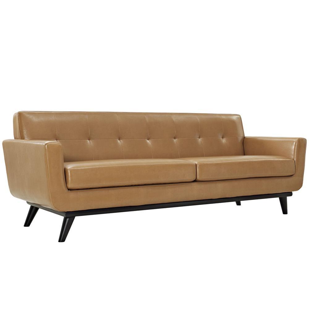 Tan Bonded Leather Sofa with Rubberwood Legs