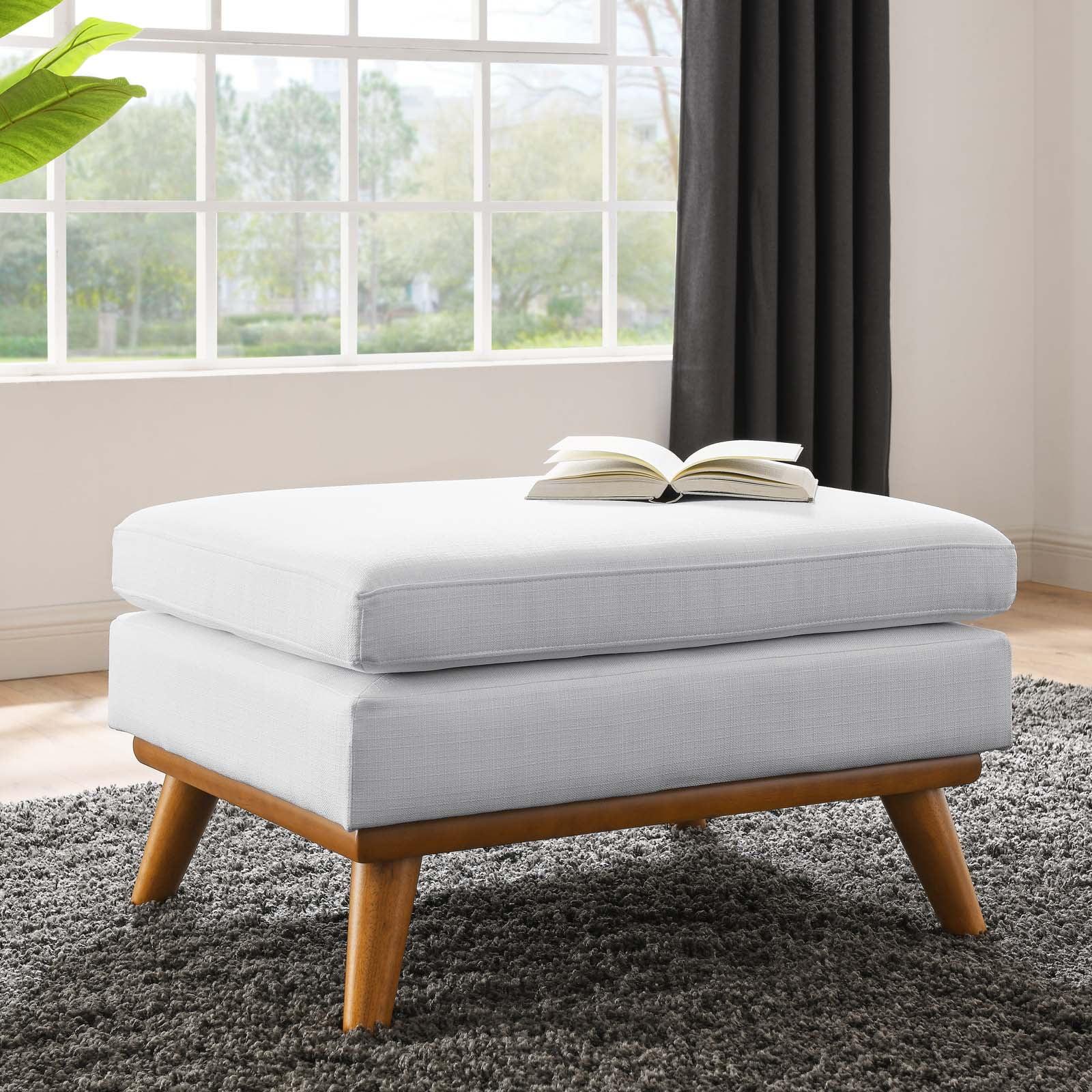 Sloping Curves White Fabric Ottoman with Rubberwood Legs