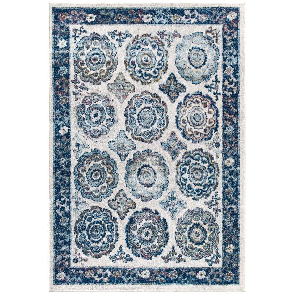 Ivory and Blue Floral Medallion 8' x 10' Area Rug