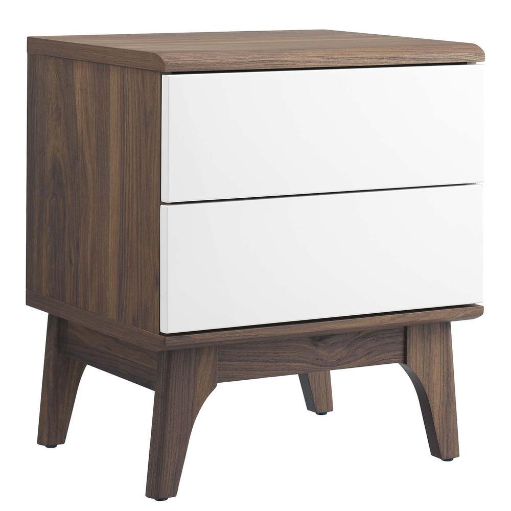 Walnut and White 2-Drawer Nightstand with Tapered Legs