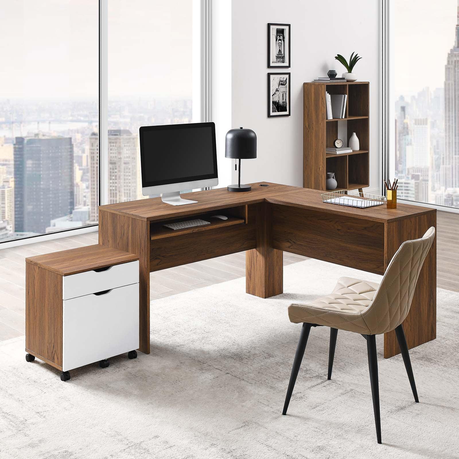 Walnut and White L-Shaped Desk with File Cabinet