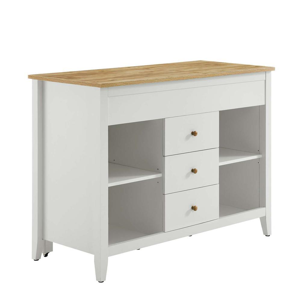 White and Natural Wood Grain Kitchen Island with Storage