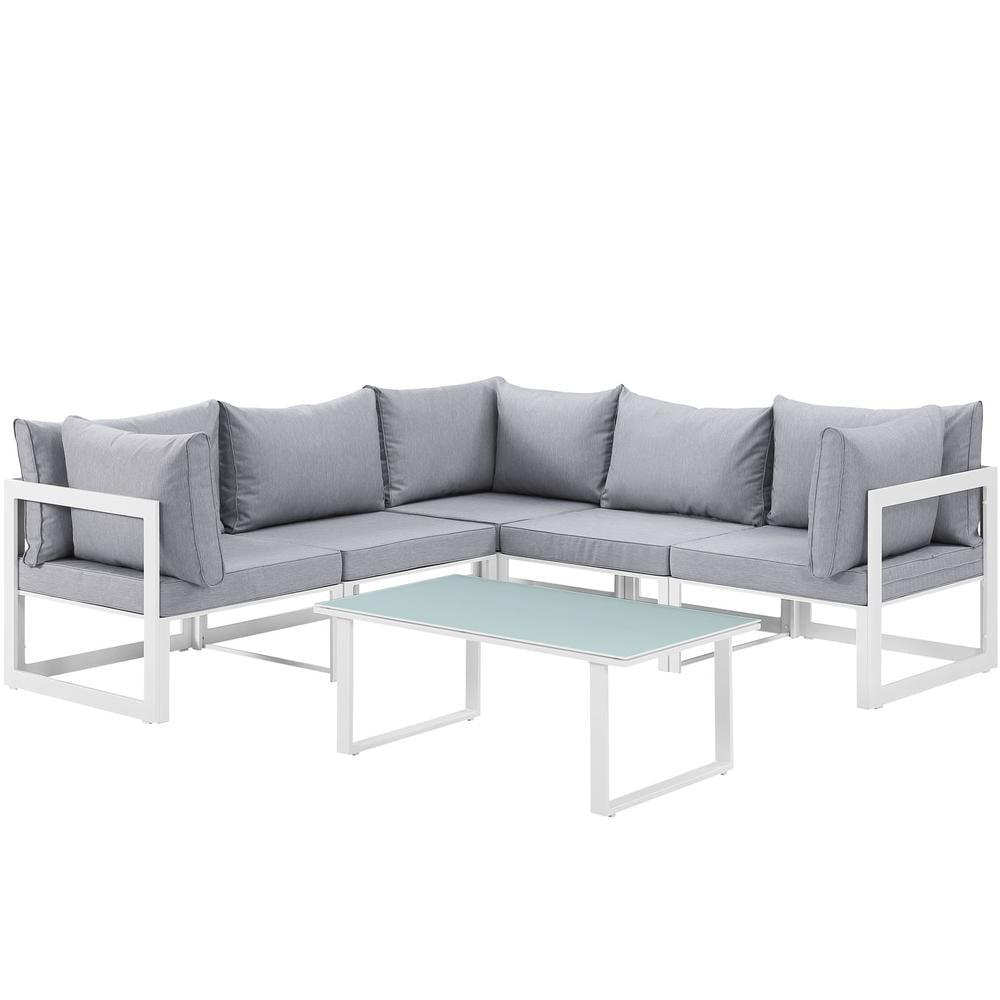 Modway Fortuna 6-Piece Aluminum Fabric Patio Sectional Sofa Set in White/Gray
