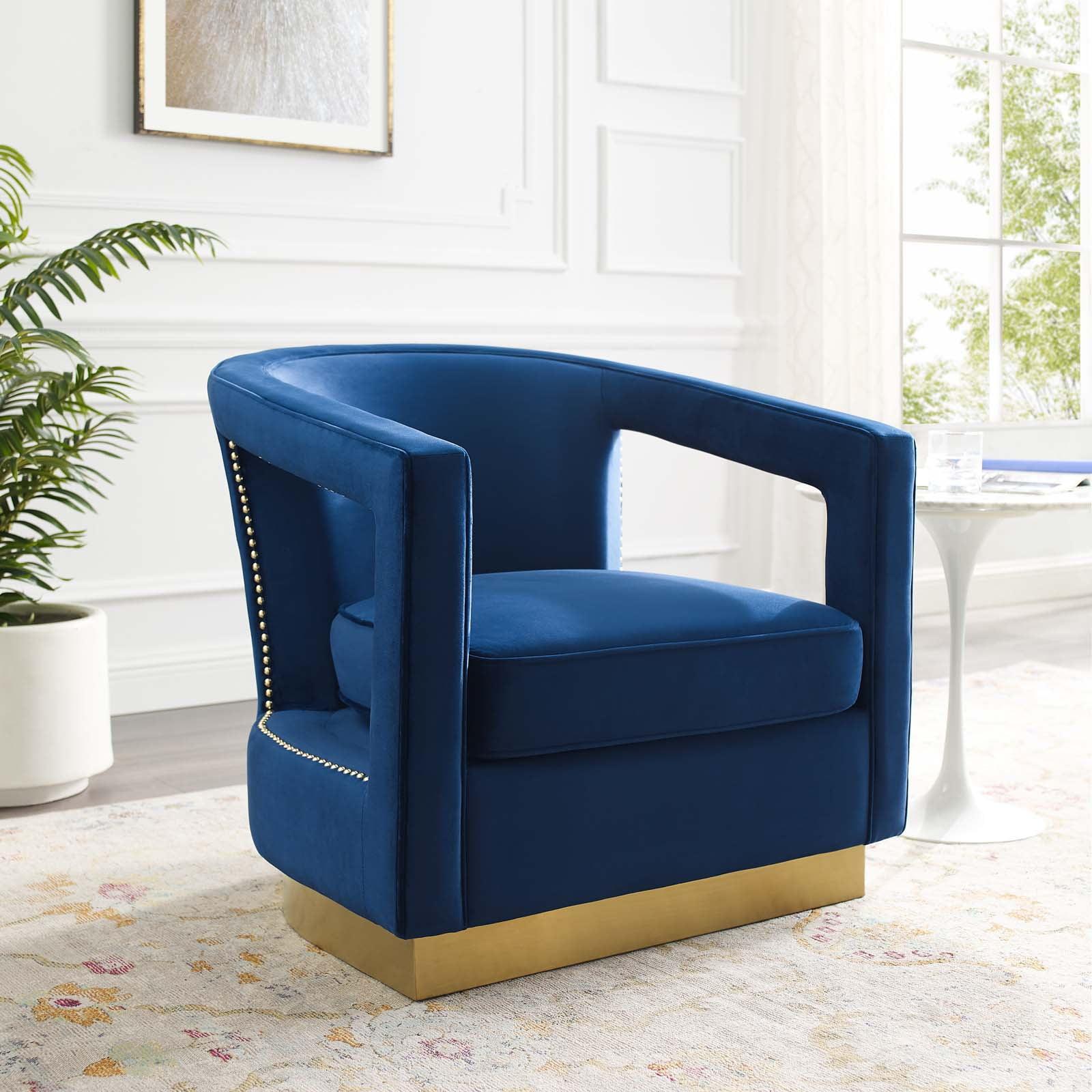 Navy Velvet Metal Accent Chair with Gold Trim