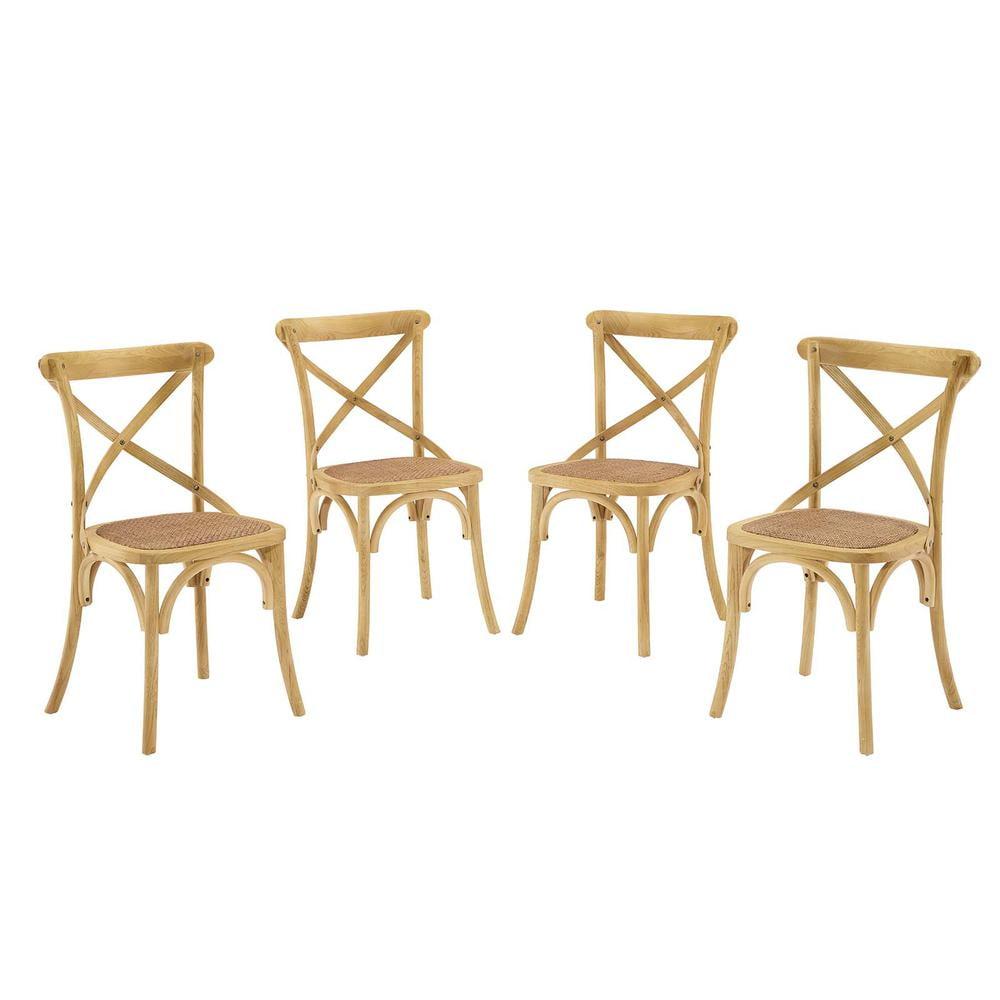 Modway Gear 18.5" Elm Wood and Rattan Dining Side Chair in Natural (Set of 4)