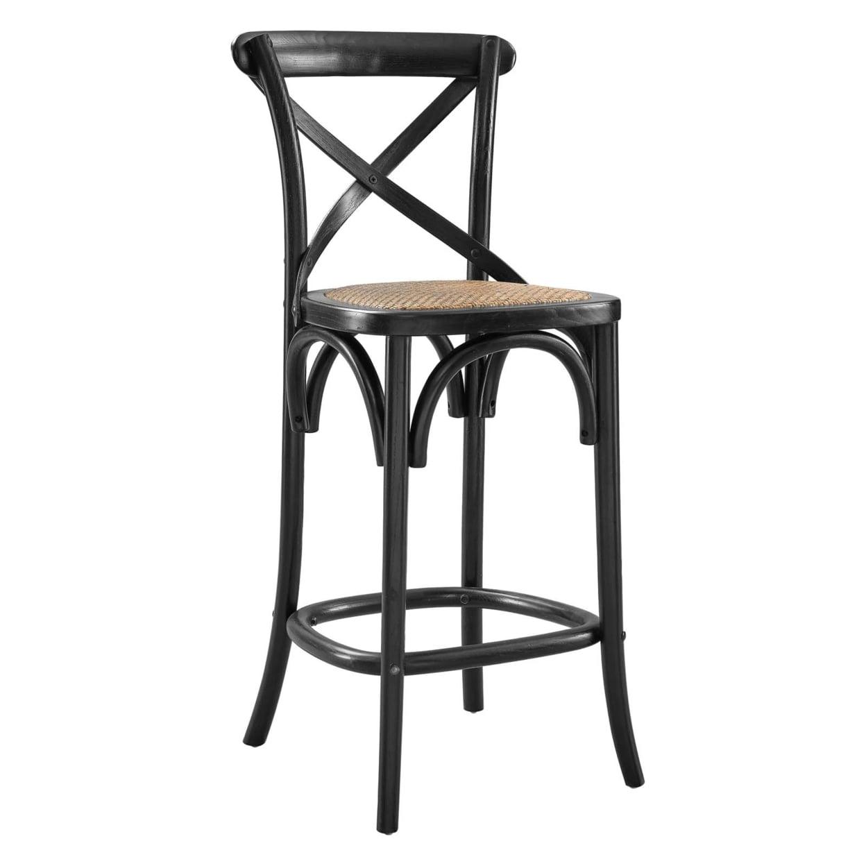 Black Elm Wood Counter Stool with Woven Rattan Seat