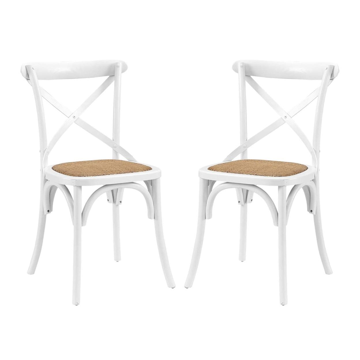 Modway Gear 18.5" Elm Wood and Rattan Dining Side Chair in White (Set of 2)