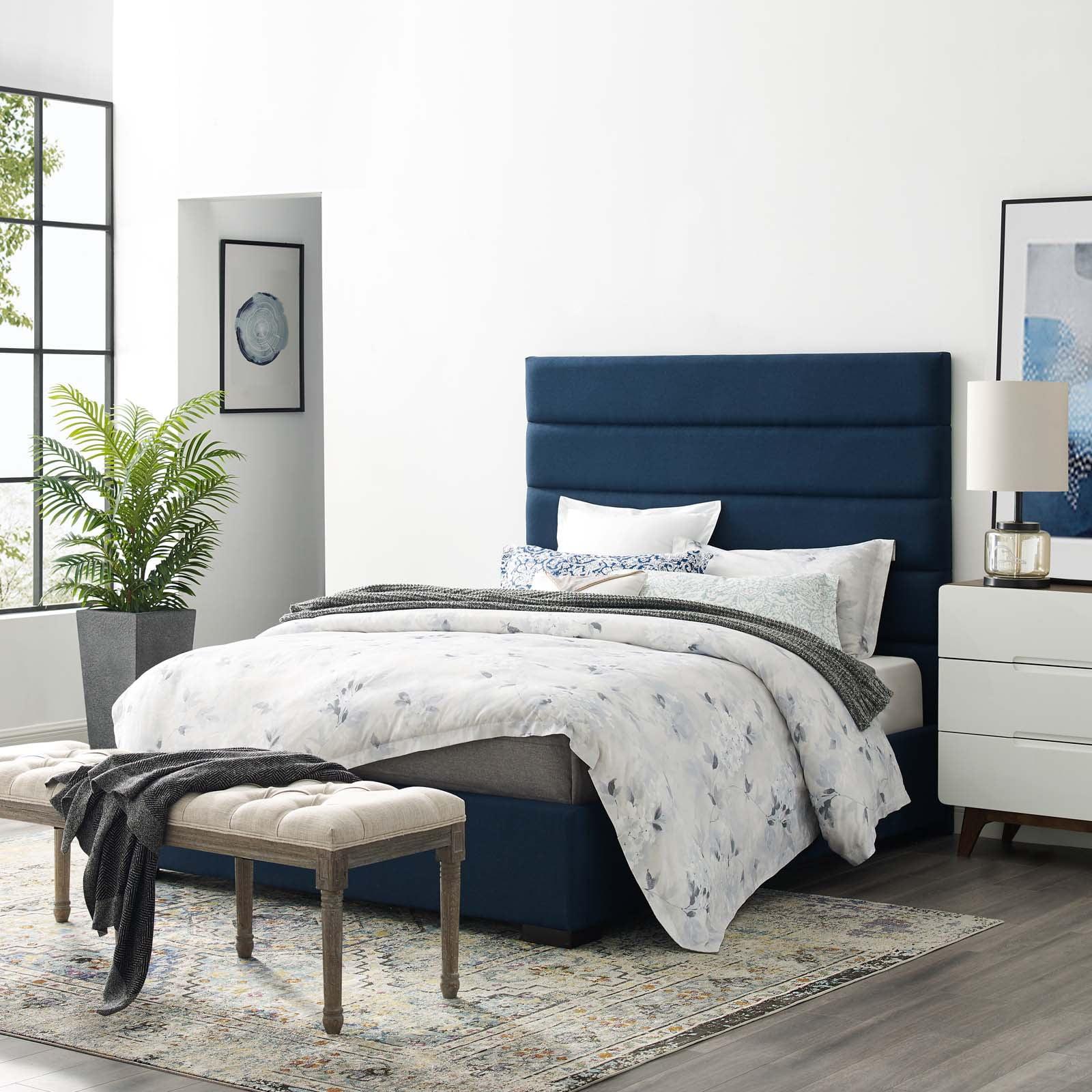 Elegant Blue Queen Platform Bed with Tufted Faux Leather Headboard