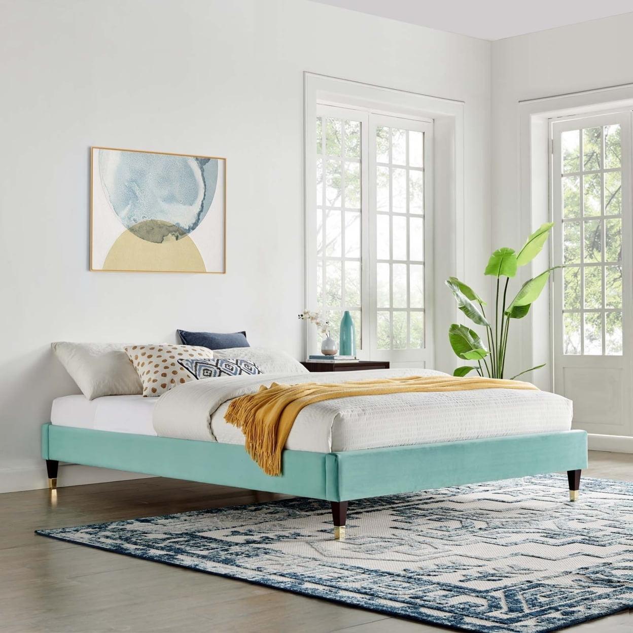 Modway Harlow Perfomance Velvet Platform Bed Frame, Queen, Aqua Blue