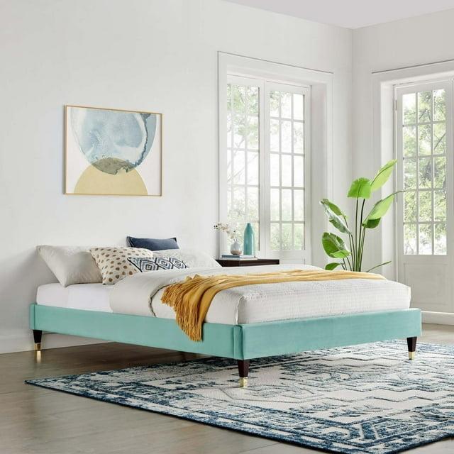 Modway Harlow Queen Bed Frame – Performance Velvet Upholstered Platform Bed with Tufted Headboard and Wooden Slats