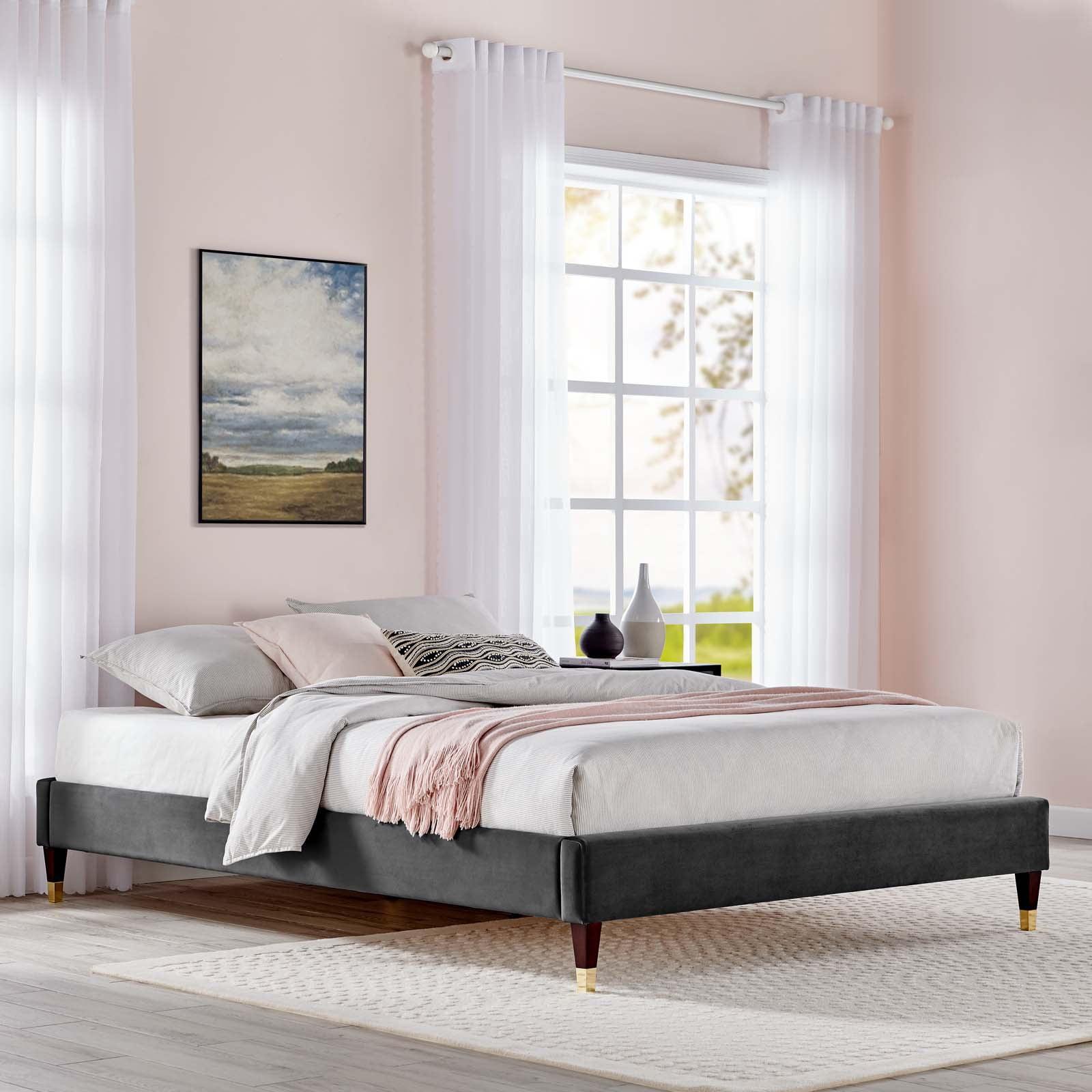 Modway Harlow Queen Performance Velvet Platform Bed Frame in Charcoal