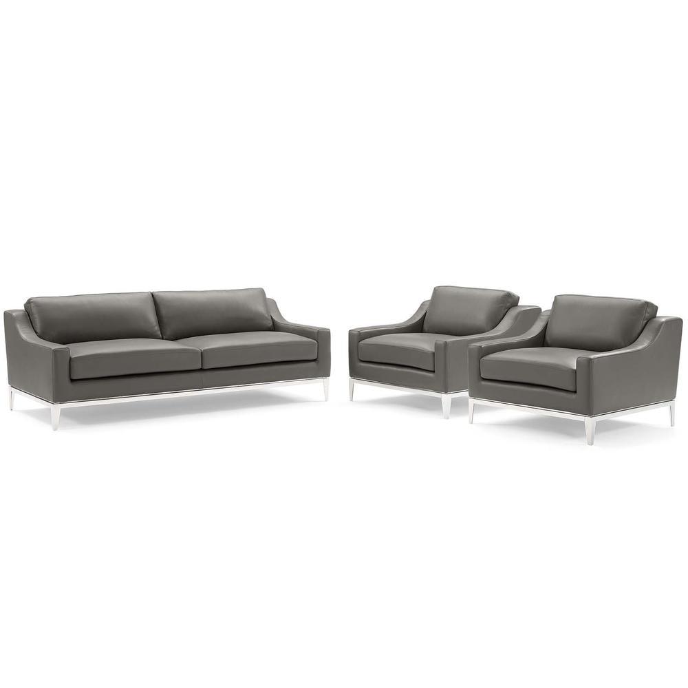 Gray Leather and Stainless Steel 3-Piece Sofa Set