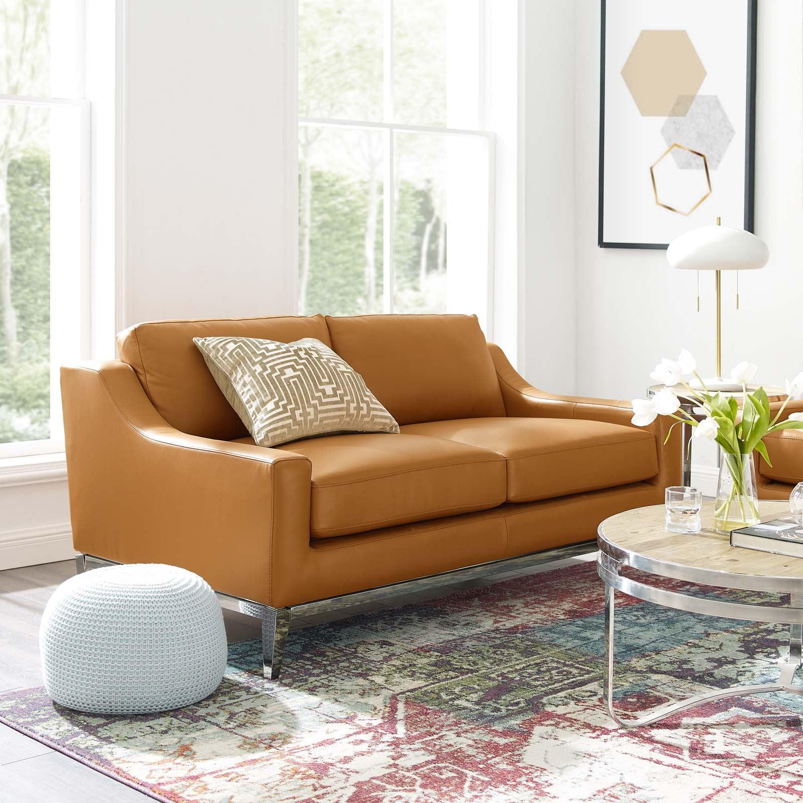 Modern Tan Leather Loveseat with Stainless Steel Base and Removable Cushions