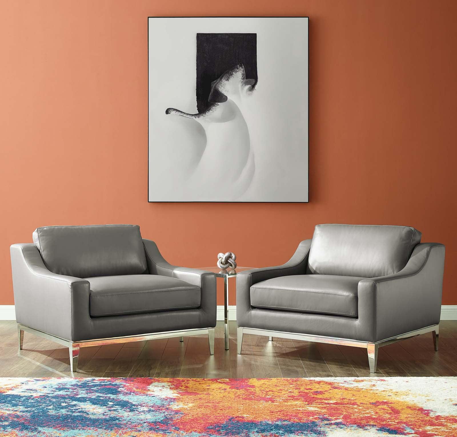 Sleek Gray Leather Armchair Duo with Polished Metal Base