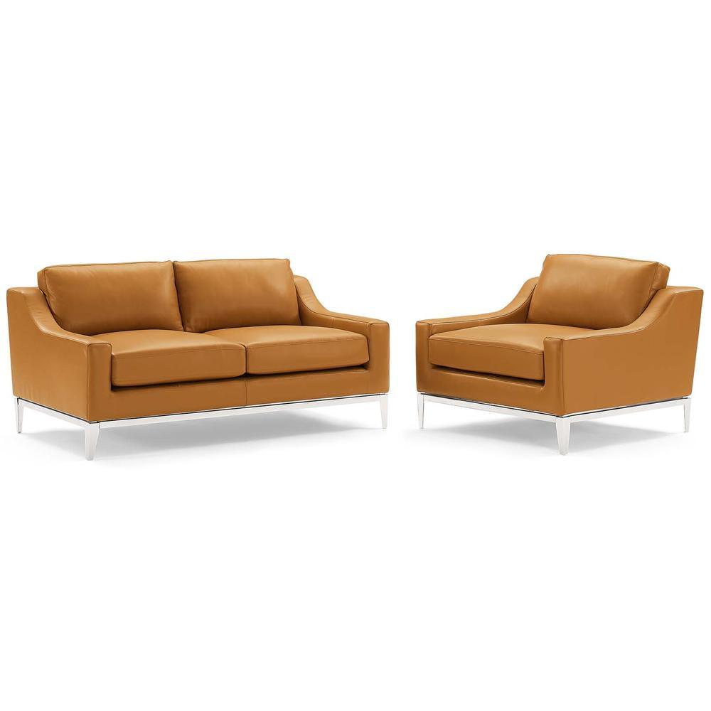 Tan Leather Loveseat and Armchair Set with Stainless Steel Base