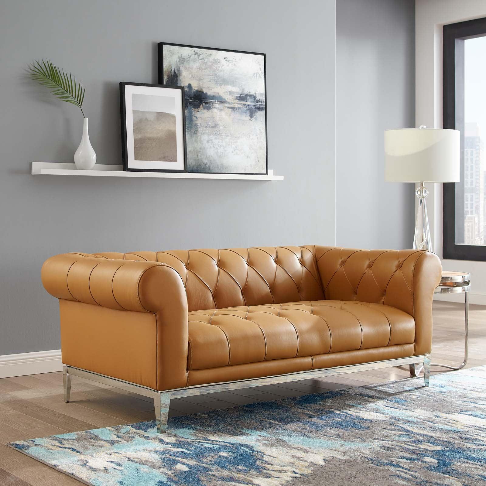 Tan Tufted Faux Leather Chesterfield Loveseat with Metal Frame