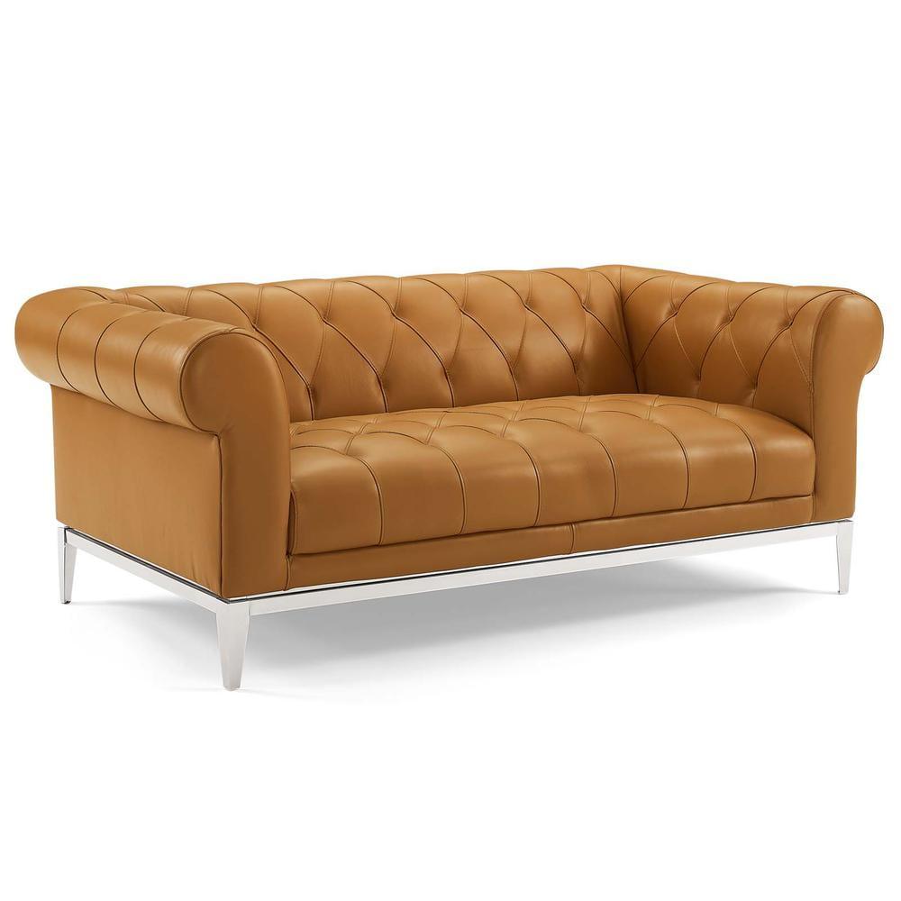 Tan Tufted Faux Leather Chesterfield Loveseat with Metal Frame