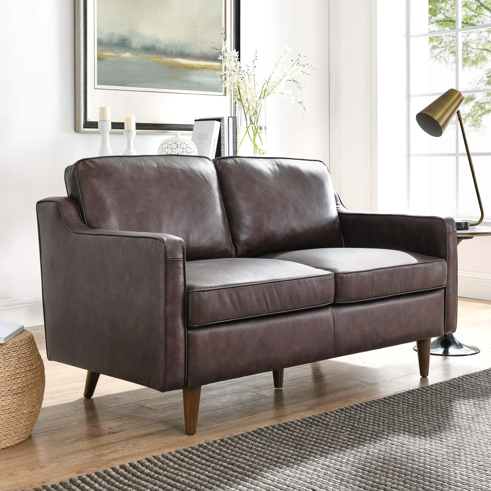 Mid-Century Modern Sloped-Arm Brown Leather Loveseat