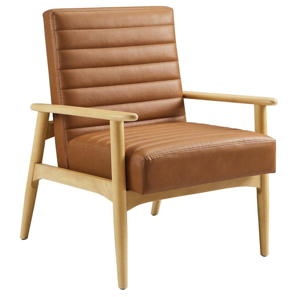 Natural Tan Faux Leather Accent Chair with Wood Frame