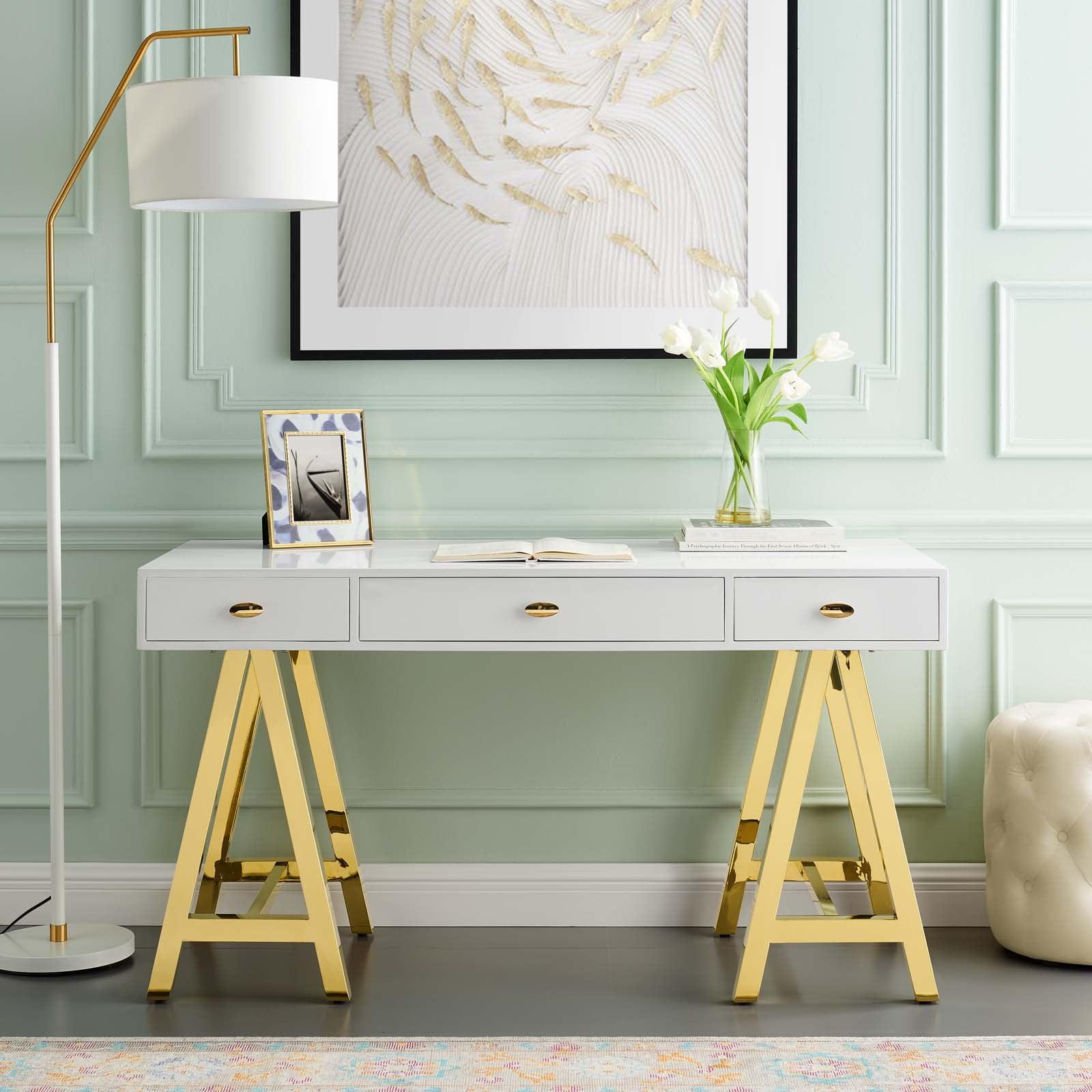 Sleek Gold & White Retro Modern Office Desk with Drawers